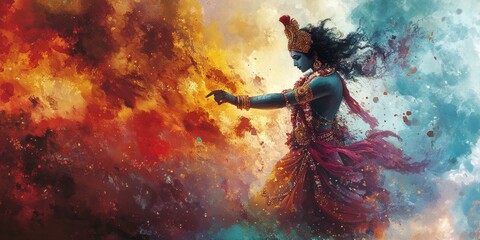 Divine Warrior: AI-Generated Watercolor of Krishna's Epic Battle. Abstract Cultural Art with Vibrant Blue-Orange Hues. Minimalist Composition for Spiritual Marketing, UI, and Graphic Design Projects.