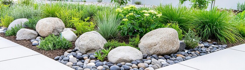 Eco-friendly garden landscaping with drought-resistant plants, permeable pavers, and a native plant palette, sustainable design, low-maintenance garden