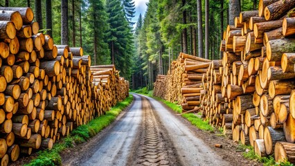 Forest Road Through Stacks of Logs, Landscape, Nature, Forestry, Wilderness, Timber