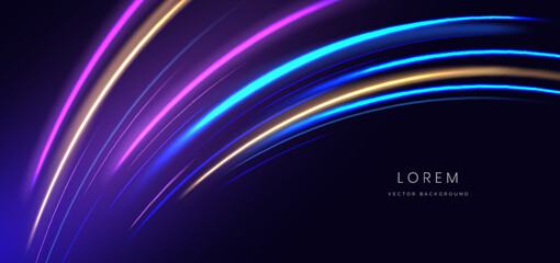 Abstract technology futuristic glowing neon blue and purple light ray with speed motion movingon dark blue background.