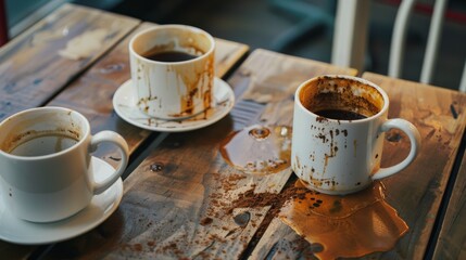 Three coffee cups, some partially filled and noticeably stained, lie on a wooden table in a cozy café.