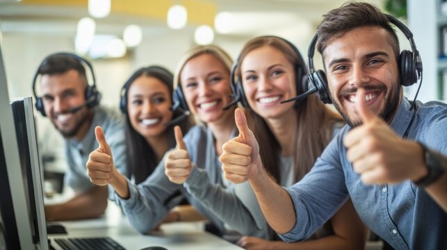 A group of diverse technical support working in a call center office workers wearing headsets, smiling, and giving thumbs up in front of their computers for customer service support or sales