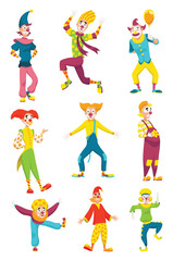 Circus clowns set. Kids holiday character. Entertainment artists. Jester performers, shapito circus show entertainers in funny costume, wig, makeup and red nose. Performers artist in classic outfit