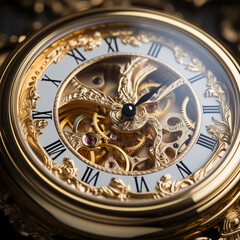 Fototapeta premium Luxury arm watch. Retro design. Mechanical part of vintage clock. Close up. Time management. Wealth concept. Photo generated by AI technology
