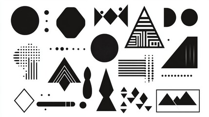 Contemporary shapes featuring geometric design elements. A Memphis-style collection of black, flat, simple geometric shapes. Fresh and modern flat shapes.