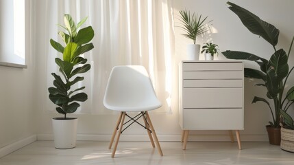 A modern, minimalist interior with a white chair, wooden dresser, and several green plants, bathed in soft natural light.