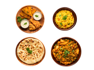 Indian traditional food set, top view. pizza, hummus, biryani, chicken curry, momos, tikka, korma, samosas. Food collection set isolated on transparent background. 
