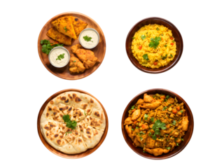 Indian traditional food set, top view. pizza, hummus, biryani, chicken curry, momos, tikka, korma, samosas. Food collection set isolated on transparent background. 