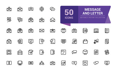Message and letter icon set. Pixel perfect, minimalistic web and UI icon. Outline icon collections. Editable vector illustration.
