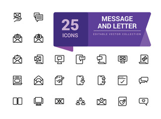 Message and letter icon set. Pixel perfect, minimalistic web and UI icon. Outline icon collections. Editable vector illustration.