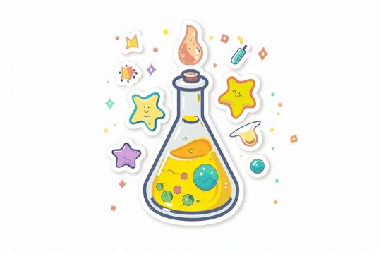 Colorful cartoon laboratory flask with cheerful stars and bubbles on a white background