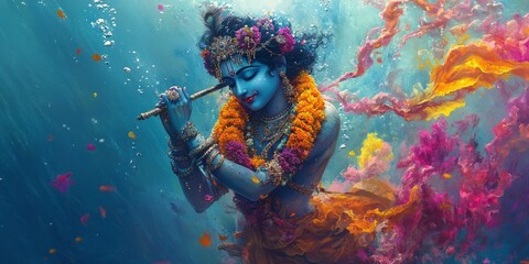 Abstract Underwater Krishna: AI-Generated Watercolor for Janmashtami Festival. Vibrant Blue-Orange Cultural Art with Elegant Minimalist Design. Perfect for Spiritual Marketing, UI, and Graphic Project