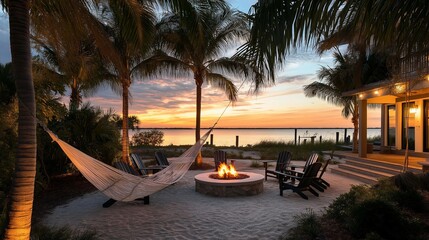 Naklejka premium A breezy coastal outdoor space with a hammock strung between two palm tree