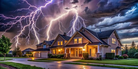 House Under a Lightning Storm, Digital Art, Residential Architecture, Dramatic Skies, Lightning, storm, weather