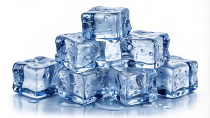 Ice Cubes Stacked on White Background, Close-up, Frozen, Cold, Water, Ice