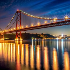 Obraz premium Illuminated Bridge Reflections in Lisbon, Portugal , Night Photography , Bridge , Lisbon , Portugal