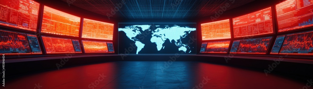 Poster futuristic control room with screens displaying a world map, perfect for technology and digital comm
