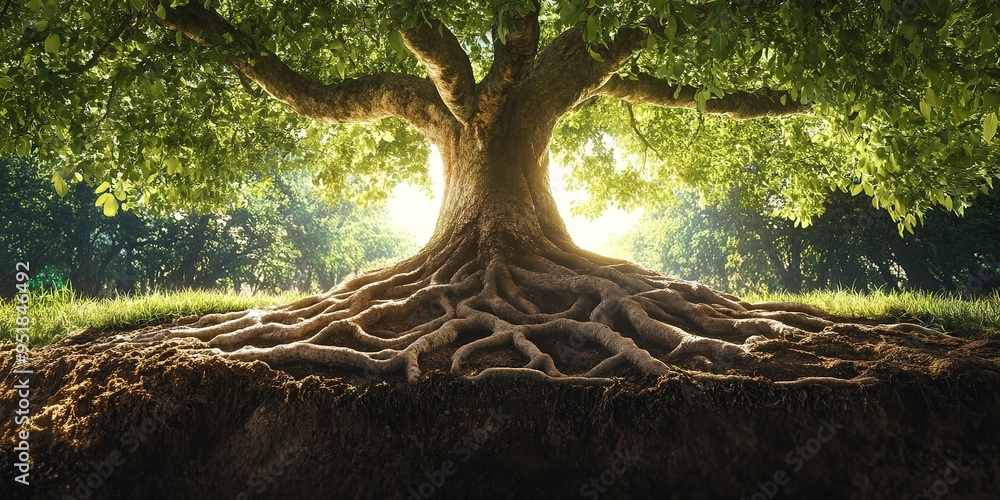 Poster a serene depiction of a trees roots spreading deep into the earth, symbolizing essential connections