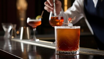 An alcoholic brown cocktail is in beautiful glass, on the bar