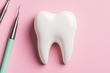 Soft pastel background flat lay design dentist tools neatly arranged tooth model open notebook with dental health tips green and blue accents