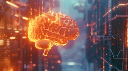 A glowing brain, pulsating with energy, hovers in a high-tech data center; the vibrant orange light contrasts sharply with the cool blue of the server racks.