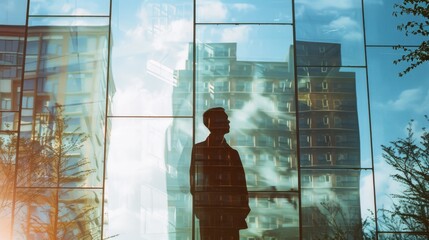 Fototapeta premium A man’s silhouette is reflected against mirrored glass of an office building with sunny skies and clouds creating a surreal cityscape backdrop.