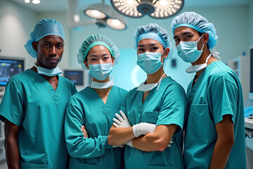 a group of diverse doctors standing in a hospital room