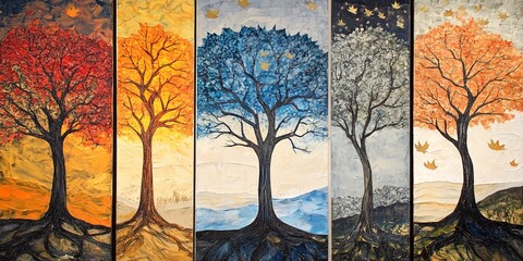 Five panels sequentially showing artistically rendered trees, symbolizing the cyclical and beautiful transformations of seasons 