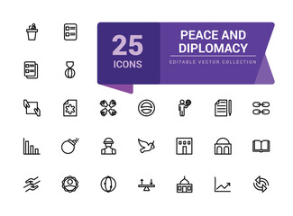 Peace and diplomacy outline icons. Related to international relations. Pixel perfect, minimalistic web and UI icon. Outline icon collections.