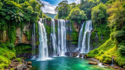 Obraz premium Majestic Waterfall Plunging into Emerald Pool, Lush Foliage, Tranquil Nature, Waterfalls, Nature, Landscape, Beauty