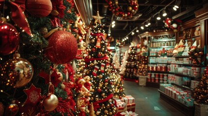 A bustling and festive shop decorated with Christmas trees, ornaments, and lights, creating a joyful holiday ambience filled with warmth and cheer.