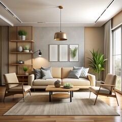 Fototapeta premium Minimalist Living Room with Beige Sofa and Wooden Accents, 3D Rendering, Interior Design, Modern Home, Living Room, Interior Design, 3D Rendering