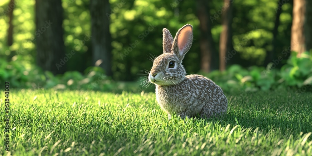 Sticker A rabbit is sitting in a grassy field with trees in the background. The scene is peaceful and serene, with the rabbit being the only living creature in the image