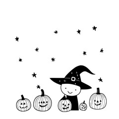 Whimsical Witch and Cheerful Pumpkins Under Twinkling Stars