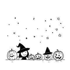 Whimsical Witch and Cheerful Pumpkins Under Twinkling Stars