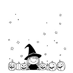 Whimsical Witch and Cheerful Pumpkins Under Twinkling Stars