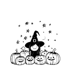Whimsical Witch and Cheerful Pumpkins Under Twinkling Stars