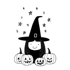 Whimsical Witch and Cheerful Pumpkins Under Twinkling Stars