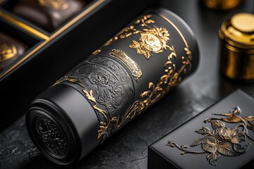 An intricately designed black and gold container with an embossed floral pattern holding luxurious chocolates, emphasizing opulence and high-end craftsmanship.