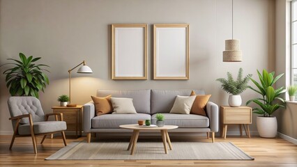 Modern Living Room Interior Design with Grey Sofa and Wooden Accents, Interior Design, Living Room, Modern, Minimalist