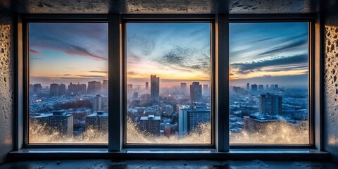Frosted plastic windows isolated on dark moody backgrounds capturing reflections of distant cities