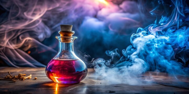 Mystical Potion in a Glass Bottle with Blue and Purple Smoke, Potion, Mystical, Magic, Elixir