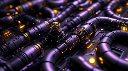Futuristic scene of dark pipes lit by golden lights