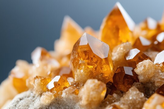 High-resolution macro shot of citrine crystals on a rocky surface