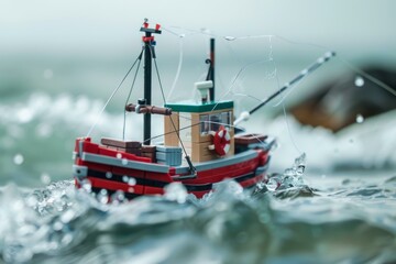 Obraz premium Red toy fishing boat with fishing nets sailing on rough sea waves