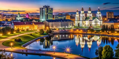 Night Reflections of the Cathedral and Cityscape, Vilnius, Lithuania, Europe, cityscape, reflection, cathedral