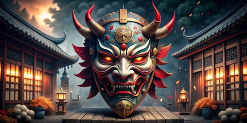 Oni Mask in a Japanese Village, Digital Art, Fantasy, Demon, Mask, Japan, Asian