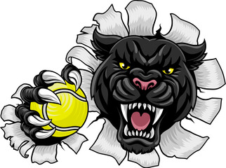 Black panther leopard or jaguar cat tennis sports team mascot holding a ball