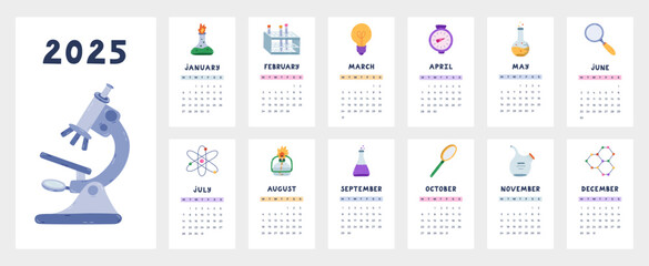 Cute calendar template for 2025 year with chemistry and laboratory cartoon clipart. Calendar grid with weeks starts on Monday for kids nursery. Horizontal monthly calender layout for planning