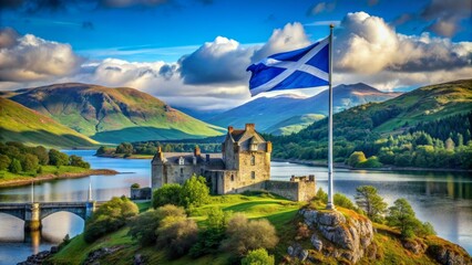 Fototapeta premium Scottish Castle with a Flag, Blue Sky, Green Hills and Water, Scotland, Castle, Flag, Landscape